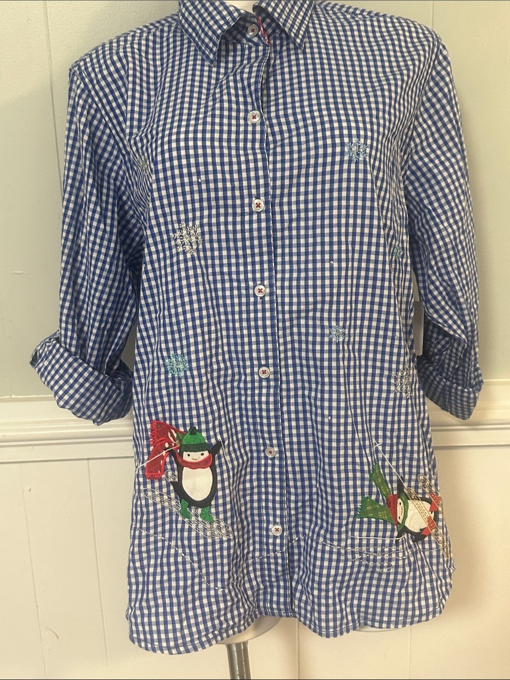 Blue Gingham Button-Down Shirt with Holiday Penguin Patches